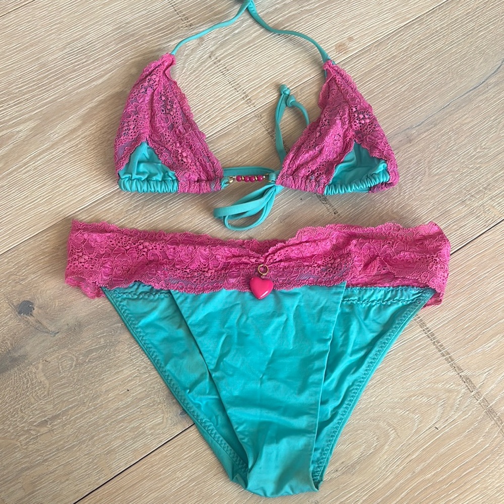 Pink and Teal Lace original Beach Bunny Bikini Set